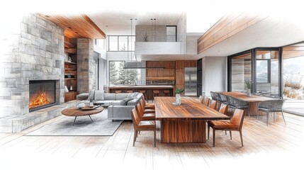 Modern open-plan living space with fireplace, dining table, kitchen, and large windows overlooking snowy mountains.