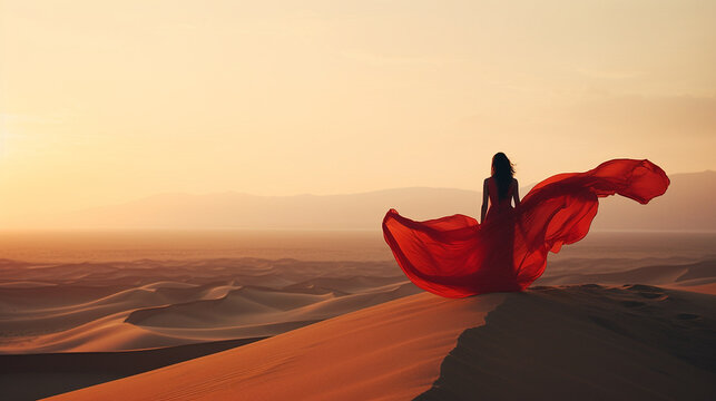 Beautiful exotic Middle Eastern woman standing on a sand dune in the desert with flowing red dress blowing in the wind