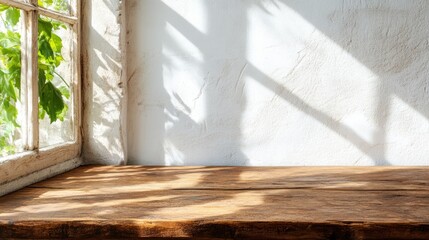 Sunlight filters through an open window, casting intricate shadows on a rustic wooden table. Green leaves add a touch of nature, enhancing the serene atmosphere of the room