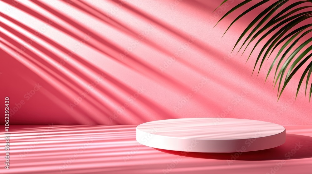 Poster a round white platform beneath striking diagonal shadows, with a background of pink creating an arti
