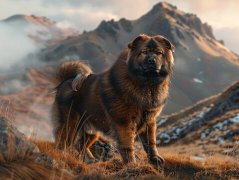 Armenian Gampr dog, standing confidently on a grassy hillside with mountains in the background, showcasing its thick coat and sturdy build, warm lighting illuminating its fur, cinematic style, Composi