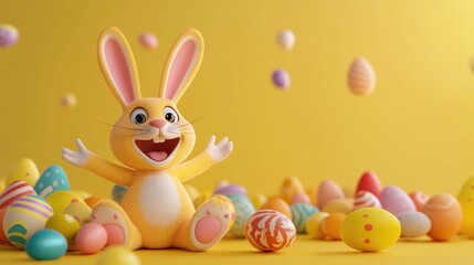 Animated bunny surrounded by colorful Easter eggs, joyful celebration, festive holiday, cheerful yellow background, Easter concept