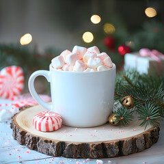 Fototapeta premium Mug With Marshmallows Pine Branch And Candy