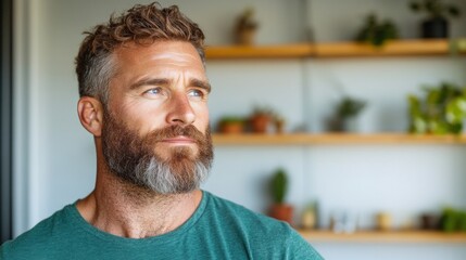 Obraz premium A man with a well-groomed beard looks contemplatively in a bright room decorated with various indoor plants on wooden shelves, capturing a moment of reflection