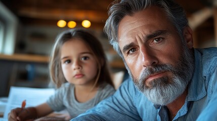 Fototapeta premium A devoted grandfather is focused on assisting his young granddaughter with her homework. They are seated at a spacious table in a warmly lit room, reflecting a close bond