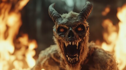 A terrifying horned monster with fiery eyes emerges from flames, combining elements of fear, danger, and fantasy in a visually captivating display.