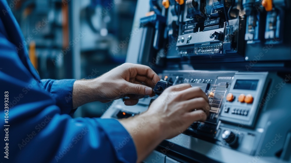 Poster a technician is focused on fine-tuning the control panel in an industrial setting, adjusting various