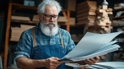 An experienced artisan examines a stack of paper in a cozy workshop, surrounded by various wooden materials and tools, showcasing craftsmanship and attention to detail