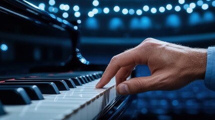 A hand skillfully navigates the piano keys in a concert hall filled with soft blue lighting, creating an enchanting atmosphere during a musical performance