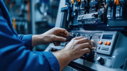 A technician is focused on fine-tuning the control panel in an industrial setting, adjusting various knobs and switches to optimize machine performance