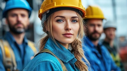 A confident female construction worker, wearing a hard hat and safety gear, stands in front of her colleagues at a busy job site, showcasing teamwork and professionalism during the day