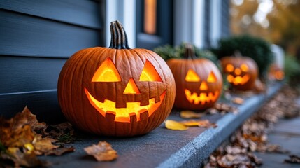 Pumpkins carved into jack-o-lanterns glowing on a porch, symbolizing the spooky and festive atmosphere of Halloween