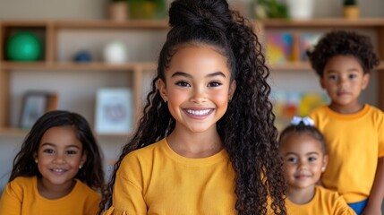 Fototapeta premium Four children showcase their diverse hairstyles while wearing matching yellow shirts, smiling brightly in a vibrant indoor environment filled with colorful decor