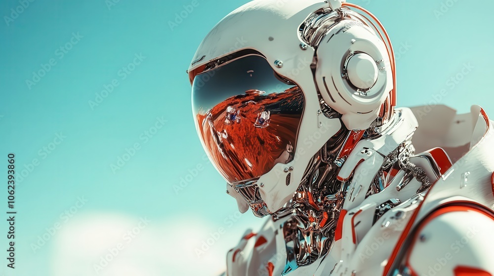 Poster an intricately designed robot featuring a reflective visor stands against a clear sky, representing 