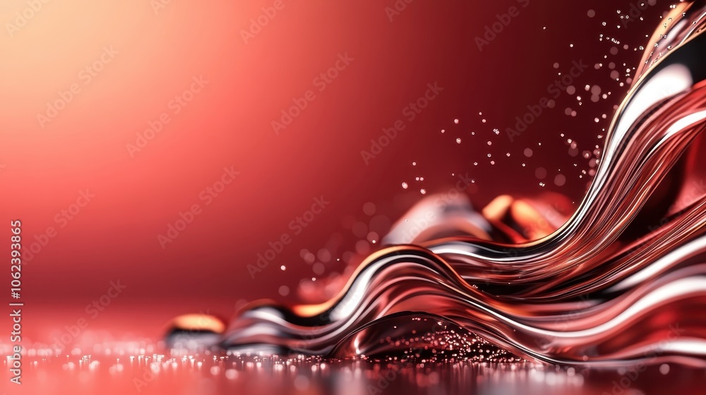Poster dynamic abstract waves in vibrant red hues flow elegantly, adorned with shimmering particles, creati
