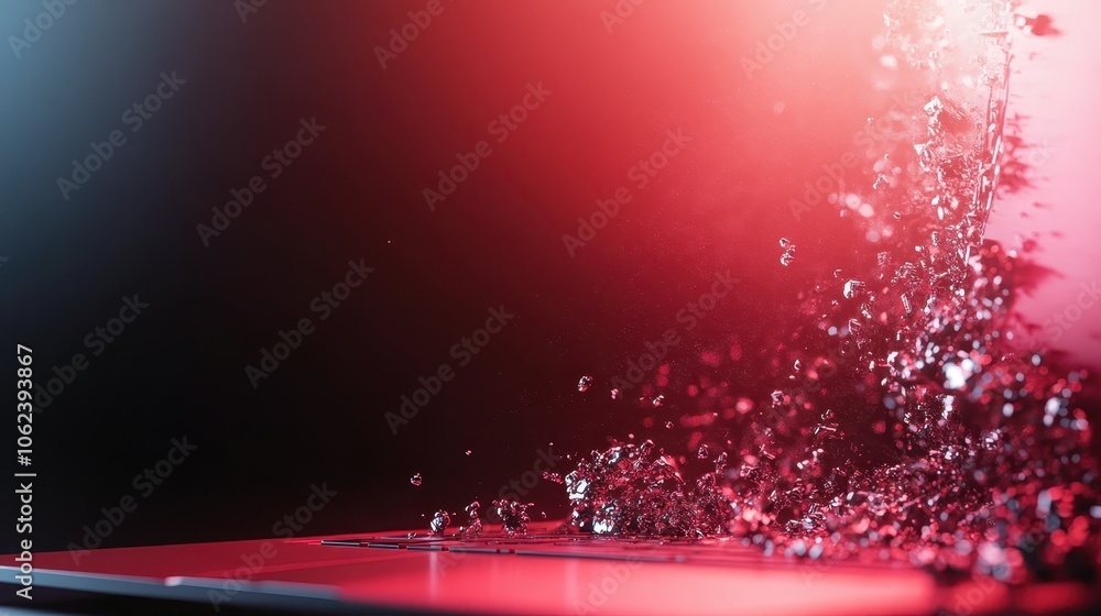 Poster dynamic scene of red digital particles rising from a sleek metallic surface, combining elements of t