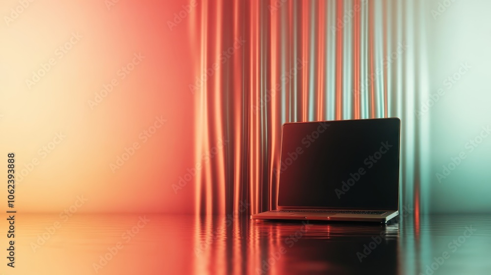 Poster a sleek laptop sits against a background of vibrant, flowing light patterns, creating a modern and d