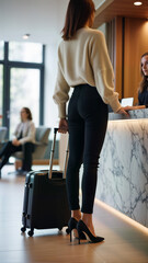 A stylish woman checking in at a hotel lobby, holding a suitcase. Ideal for travel websites, hospitality marketing, or lifestyle blogs promoting modern travel experiences