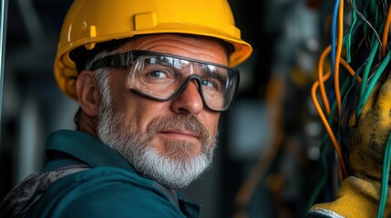 An electrician wearing a yellow hard hat and safety glasses focuses on connecting wires in an industrial setting, ensuring safety and precision in the task