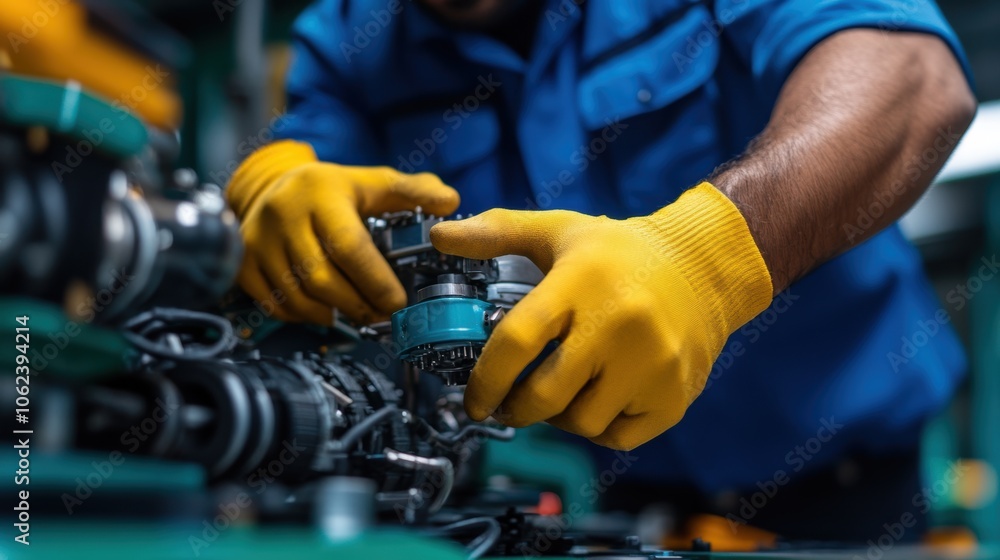 Poster the technician focuses intently on assembling mechanical components, using precise tools while weari
