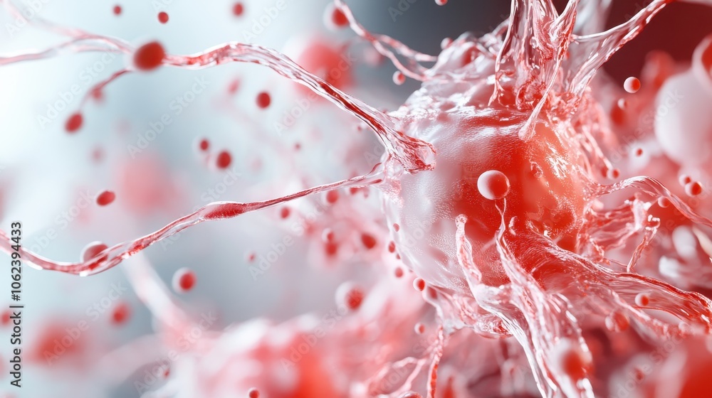 Poster a close-up of a vivid red cell with fibrous extensions, radiating dynamic energy and vitality, repre