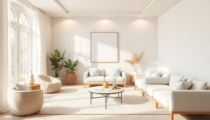 Fototapeta premium A serene retreat in soothing pastels, minimalist chic meets subtle geometric charm, pale blues and creamy whites dance in intricate patterns.