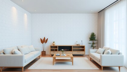 Fototapeta premium A serene retreat in soothing pastels, minimalist chic meets subtle geometric charm, pale blues and creamy whites dance in intricate patterns.