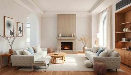 Fototapeta premium A serene retreat in soothing pastels, minimalist chic meets subtle geometric charm, pale blues and creamy whites dance in intricate patterns.