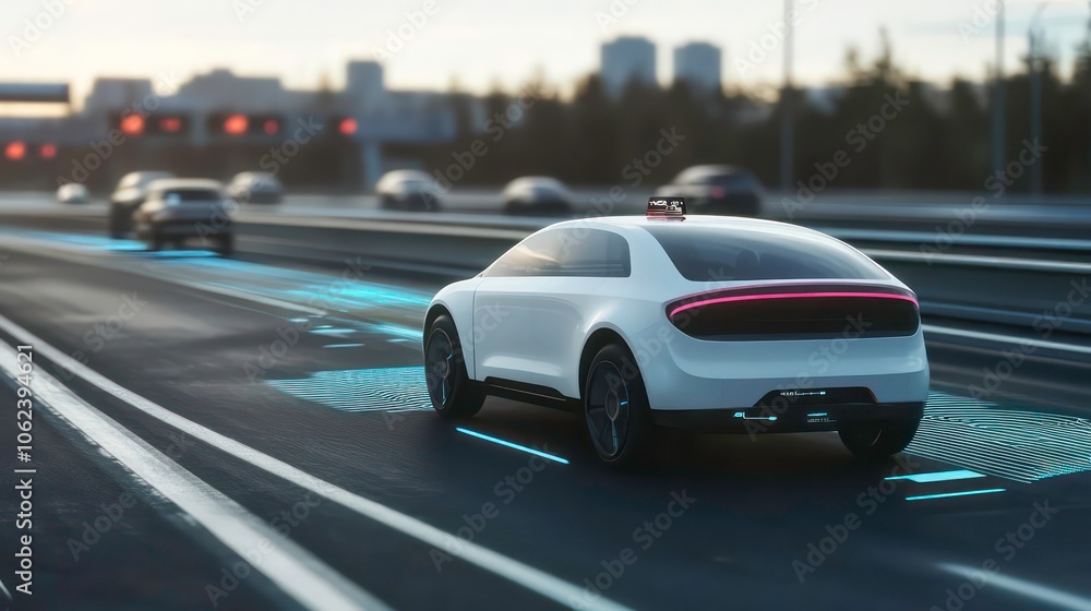 Poster a futuristic autonomous vehicle on a highway with digital navigation indicators.
