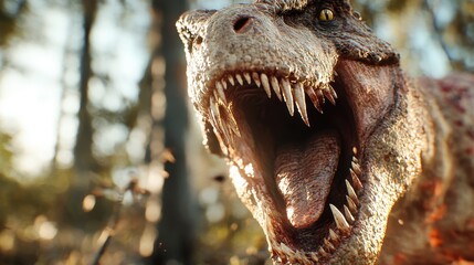 A dynamic, mid-motion shot of a roaring dinosaur in its natural environment, emphasizing themes of...