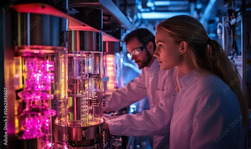Poster two scientists in lab coats working with industrial machinery.