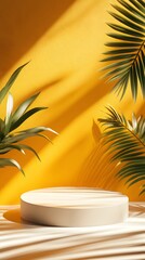 Obraz premium Minimalist abstract background for product presentation, a round podium with a palm plant on a yellow background