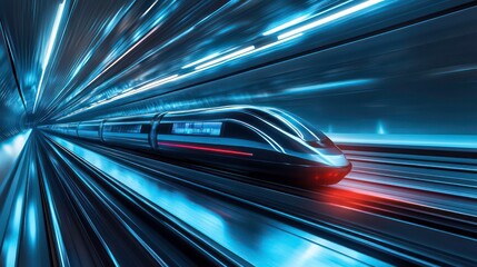 Fototapeta premium A futuristic high-speed train in a dynamic, illuminated tunnel.