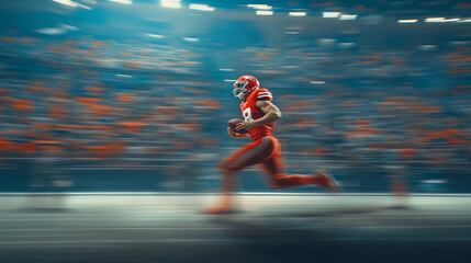A football player sprints with determination during an intense game in a stadium packed with fans