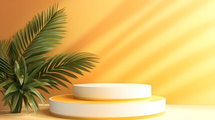 Obraz premium Minimalist abstract background for product presentation, a round podium with a palm plant on a yellow background