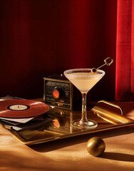 Old retro room with martini on the desk, warm colors, music vinyl 