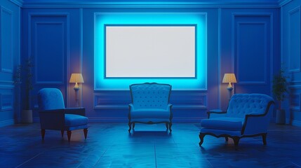 With an armchair and a blank TV screen, the living room is blue. Video hosting, streaming services, online movie theaters, and advertisements for games or films, Generative AI.