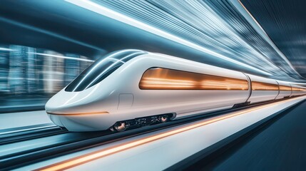 Obraz premium A sleek, futuristic train in motion, symbolizing advanced transportation technology.