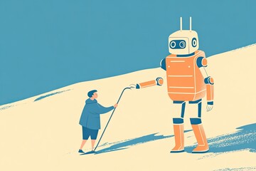 large robot helps an elderly person outdoors, showcasing the role of AI in caregiving and daily assistance. This peaceful scene reflects how robots can assist elderly individuals in compassionate way