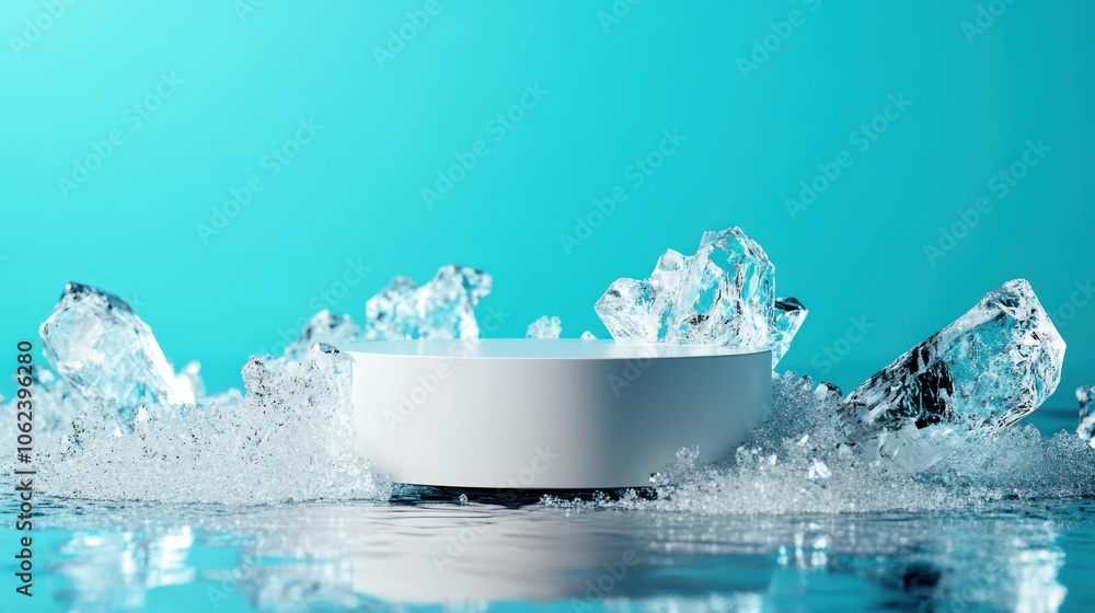 Poster a pristine, white circular platform surrounded by icy textures and sparkling elements, highlighting 