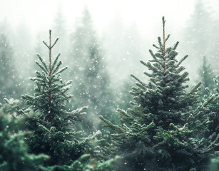 snow-covered pine trees in snowy winter forest. winter background. Christmas background. moody. atmospheric