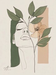 Poster encadré One line art boho style woman face