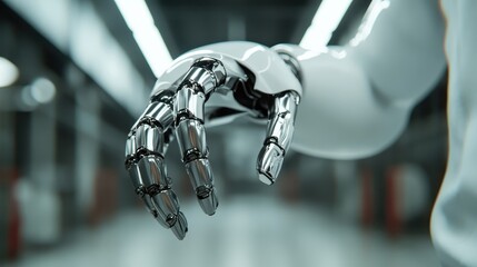 A silver robotic hand is poised elegantly against a blurred industrial background, showcasing the sleek and precise design emblematic of contemporary robotics.