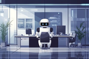 A humanoid robot sits behind an office desk in a sleek, modern workplace, representing the role of AI in automating administrative and professional tasks in the future...