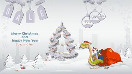 Special Offer Christmas and New Years Sale A snake in a Santa Claus hat crawls out of a gift bag next to a fir tree in a winter snowy forest