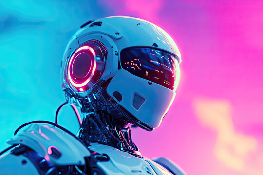A humanoid robot with glowing neon elements stands in a futuristic setting, representing advanced AI and robotics in a high-tech world where machines play a critical role in society...