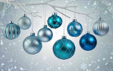 Silver and blue Christmas ornaments hanging on a white twig with a snowy background.