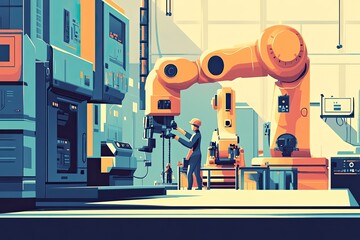A factory worker overseeing a large industrial robotic arm, emphasizing the role of automation and AI in enhancing productivity in manufacturing environments..