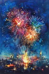 Vibrant fireworks display, colorful explosions, city skyline night, festive celebration, holiday event concept