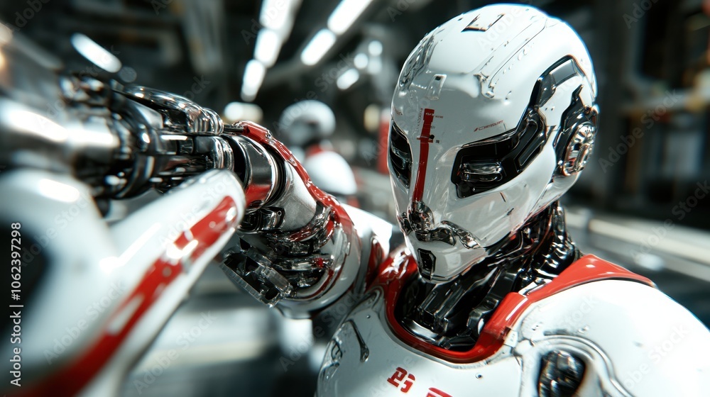 Poster a high-tech robot in a futuristic laboratory setting is meticulously adjusting complex machinery, sh